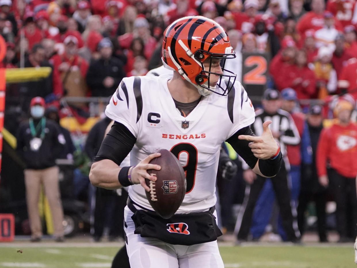 Jan 30, 2022; Kansas City, Missouri, USA; Cincinnati Bengals quarterback Joe Burrow (9) against the Kansas City Chiefs during the AFC Championship game at GEHA Field at Arrowhead Stadium. Mandatory Credit: Denny Medley-USA TODAY Sports