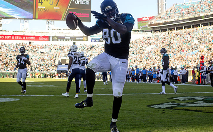 Nov 29, 2015; Jacksonville, FL, USA; Jacksonville Jaguars tight end Julius Thomas (80) celebrates after scoring a touchdown in the fourth quarter against the San Diego Chargers at EverBank Field. The San Diego Chargers won 31-24. Mandatory Credit: Logan Bowles-USA TODAY Sports