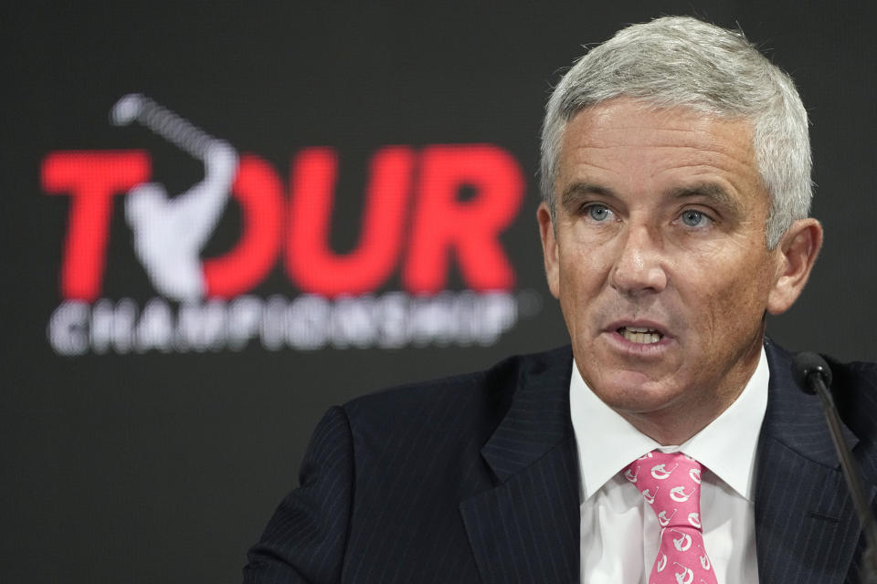 PGA Tour Commissioner Jay Monahan speaks during a press conference at East Lake Golf Club prior to the start of the Tour Championship golf tournament Wednesday Aug 24, 2022, in Atlanta, Ga. (AP Photo/Steve Helber)