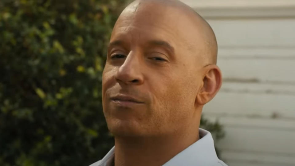 Vin Diesel smirking at the finale cookout in F9.