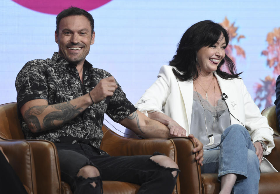 Brian Austin Green, left, and Shannen Doherty participate in Fox's "BH90210" panel at the Television Critics Association Summer Press Tour on Wednesday, Aug. 7, 2019, in Beverly Hills, Calif. (Photo by Chris Pizzello/Invision/AP)