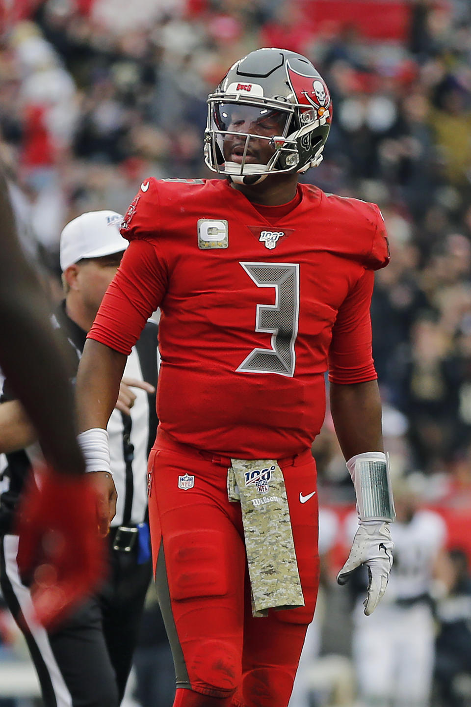 Tampa Bay Buccaneers quarterback Jameis Winston (3) reacts after throwing an interception to New Orleans Saints cornerback P.J. Williams during the second half of an NFL football game Sunday, Nov. 17, 2019, in Tampa, Fla. (AP Photo/Mark LoMoglio)