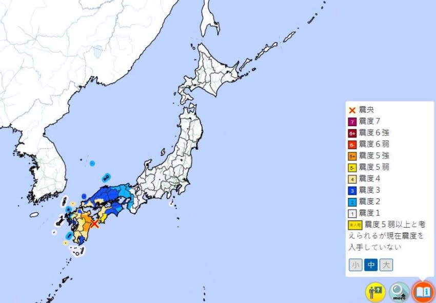 日本氣象廳表示，22日凌晨1時8分（台灣時間0時8分）左右，日本宮崎縣東部外海的日向灘觀測規模6.4地震。（圖取自日本氣象廳網頁）
