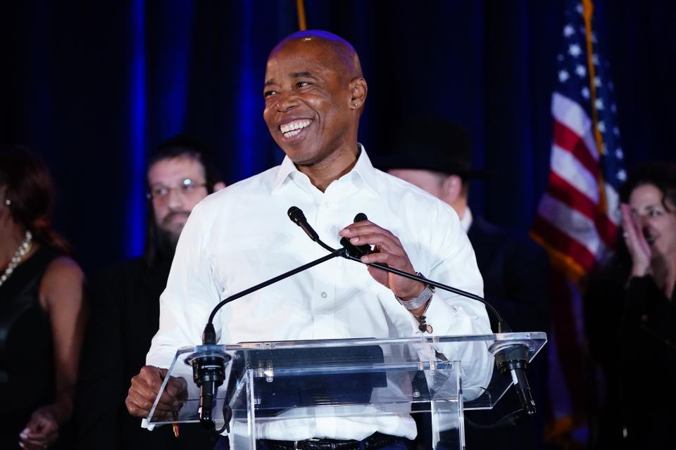 New York City Mayor Elect Eric Adams speaks to supporters Tuesday, Nov. 2, 2021, in New York. ((Frank Franklin II/AP)