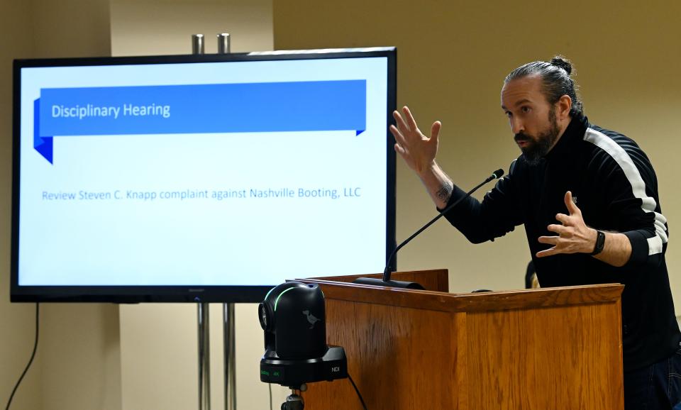 Steven Knapp speaks to Metro Nashville Transportation Licensing Committee board members on Thursday, Feb.15, 2024, in Nashville, Tenn., about how his car was booted by Nashville Booting.