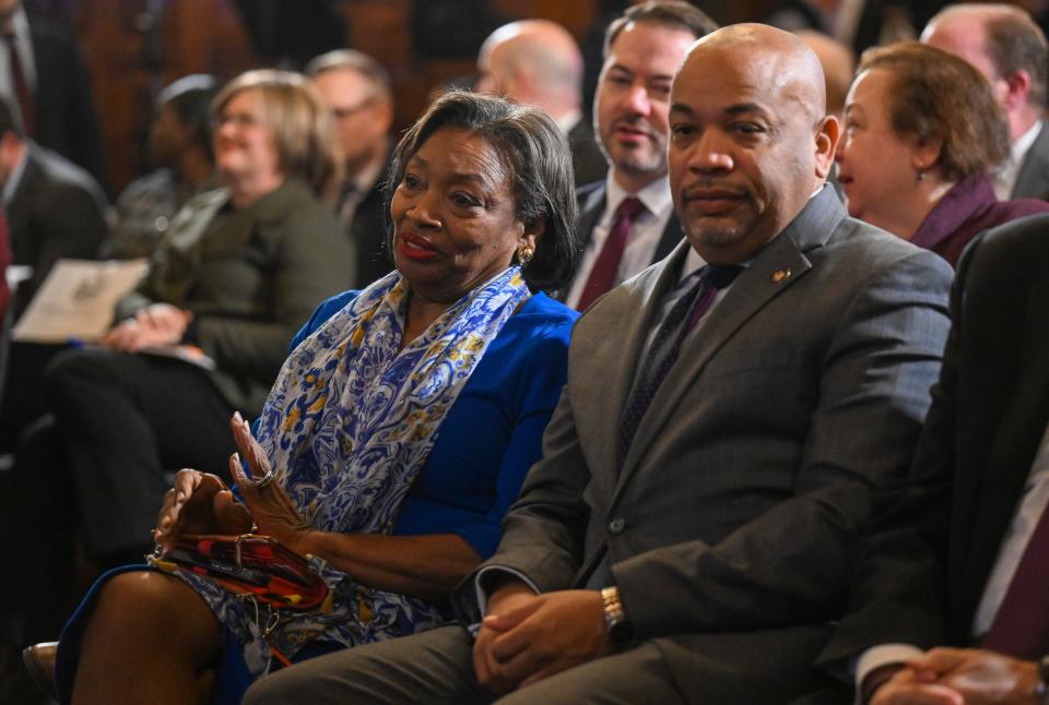 Senate Majority Leader, Andrea Stewart-Cousins, D-Yonkers, left, and Assembly Speaker Carl Heastie, D-Bronx, listen to New York Gov. Kathy Hochul present her executive state budget in the Red Room at the state Capitol Wednesday, Feb. 1, 2023, in Albany, N.Y.