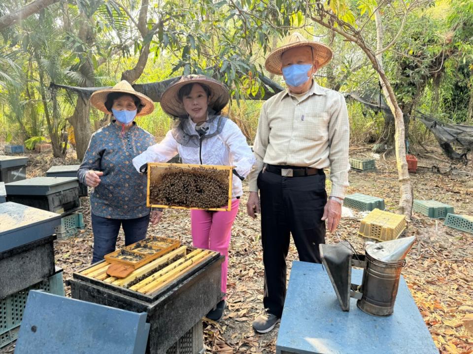 ▲東京電視台特派主播「馬場桃子」（中）親訪高雄養蜂場（記者王苡蘋翻攝）