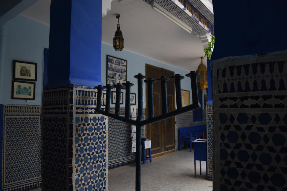 This March 29, 2019, photo shows a menorah at Lazama Synagogue in Marrakech, Morocco. The North African kingdom once had a thriving Jewish population. Jewish heritage tours of Morocco are popular among Jews of Moroccan descent. (Mishael Sims via AP)