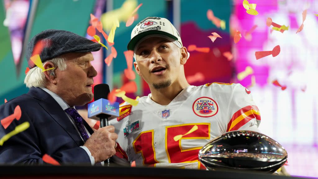 patrick mahomes looking out toward the field as he speaks for n interview with terry bradshaw