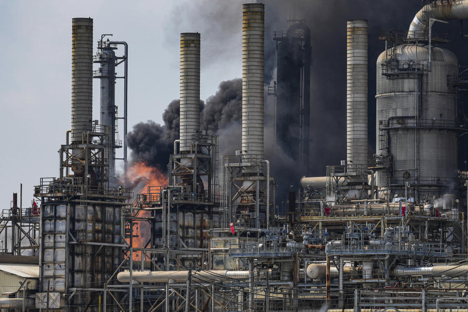 A fire burns at a Shell chemical facility in Deer Park, Friday, May 5, 2023, east of Houston. A chemical plant in the Houston area has caught fire, sending a huge plume of smoke into the sky. The Harris County Sheriff’s Office said Friday the fire was at a Shell USA Inc. facility in Deer Park, a suburb east of Houston. (Raquel Natalicchio/Houston Chronicle via AP)