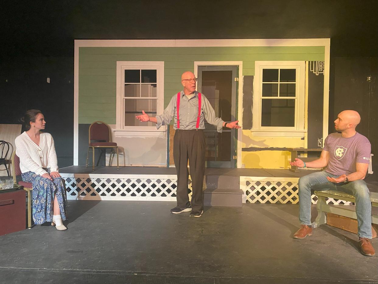 From left, Lauren Casey, Steve Knox and Adam DeCoste rehearse a scene from "All My Sons."