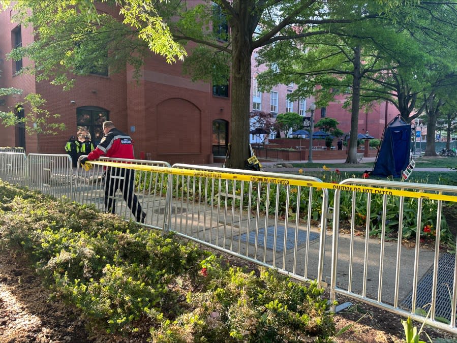 Control fences around the George Washington University encampment on Friday morning. (Ya-Marie Sesay/DC News Now)