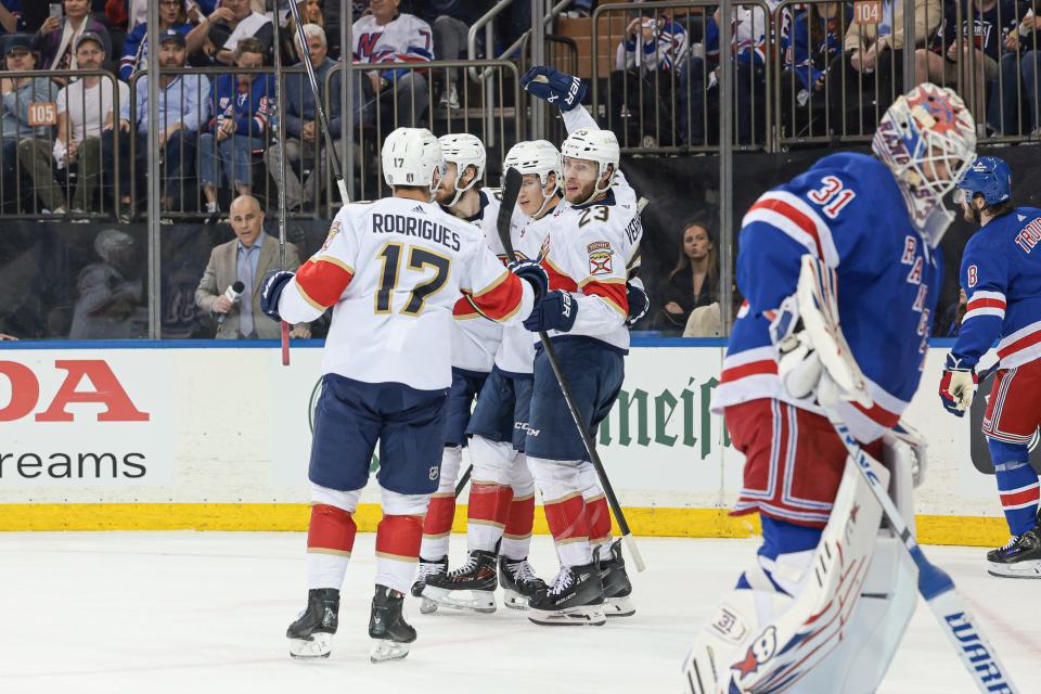 May 24, 2024; New York, New York, USA; Florida Panthers center Carter Verhaeghe (23) celebrates his goal with teammates during the first period in game two of the Eastern Conference Final of the 2024 Stanley Cup Playoffs against the New York Rangers at Madison Square Garden. Mandatory Credit: Vincent Carchietta-USA TODAY Sports