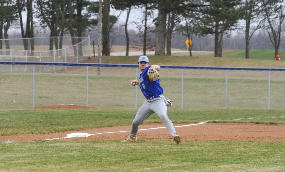 Wynford's Grant McGuire rifles a ball to first base.