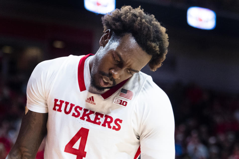 Nebraska's Juwan Gray reacts after he was called for foul during the first half of an NCAA college basketball game against Purdue, Saturday, Dec. 10, 2022, at Pinnacle Bank Arena in Lincoln, Neb. (Kenneth Ferriera/Lincoln Journal Star via AP)