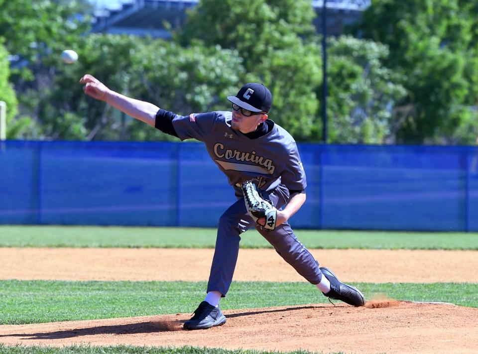 Corning's Nolan Terwilliger pitches in an 11-0 loss to Roy C. Ketcham in a NYSPHSAA Class AAA baseball subregional May 30, 2024 at Horseheads High School.