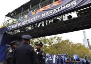 Nov 5, 2017; New York, NY, USA; Members of the New York City police department stand guard at the finish line of the 2017 TCS New York City Marathon. Mandatory Credit: Derik Hamilton-USA TODAY Sports