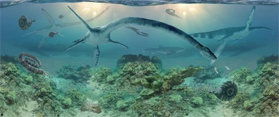 The long-necked elasmosaur as imagined by Anchorage-based artist James Havens, who is working with Druckenmiller to realistically interpret ancient life forms.