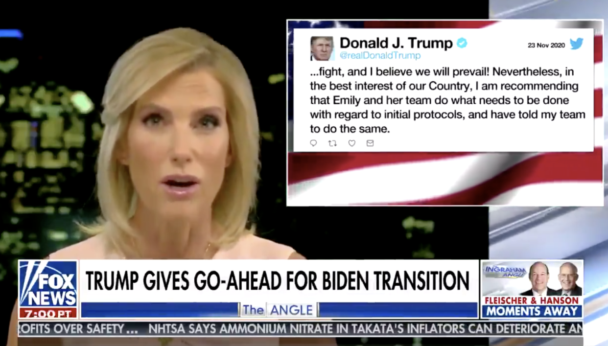 On 23 November, Fox News host Laura Ingraham admitted Joe Biden will be inaugurated  (Fox News)