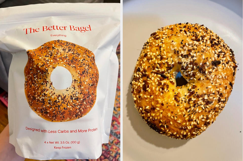 Writer holding the bagel bag and then showing an everything bagel