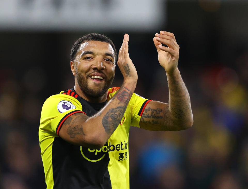 WATFORD, ENGLAND - FEBRUARY 29: Troy Deeney of Watford celebrates at full time of the Premier League match between Watford FC and Liverpool FC at Vicarage Road on February 29, 2020 in Watford, United Kingdom. (Photo by Richard Heathcote/Getty Images)