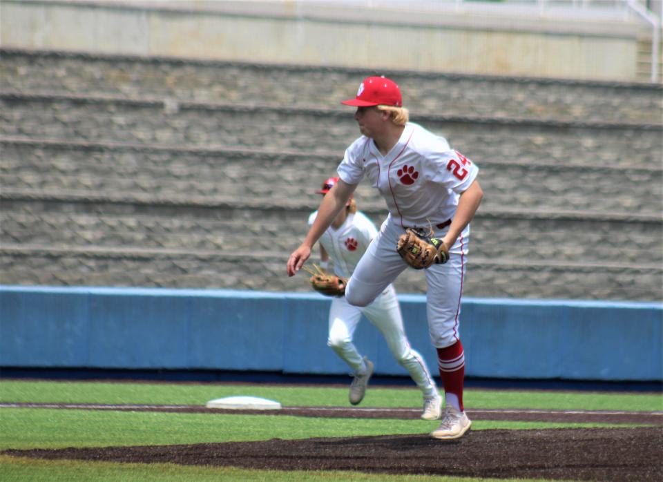 Beechwood's Sam Cottengim follows through on a pitch as Beechwood fell 1-0 to Russell County in the state quarterfinals of the KHSAA state baseball tournament June 4, 2022, at Kentucky Proud Park, University of Kentucky, Lexington.