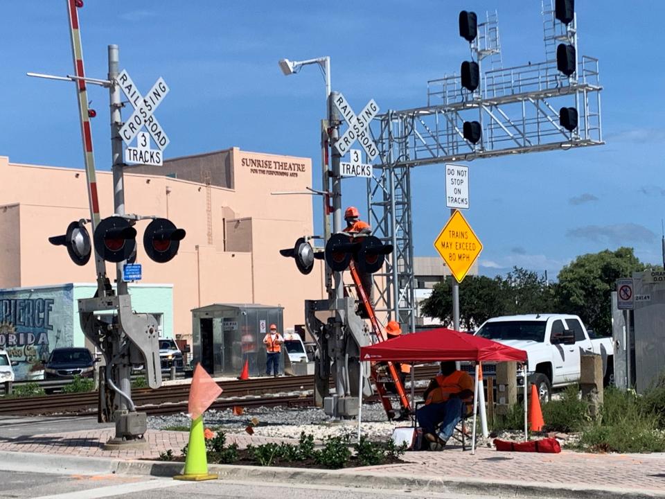 Crossing gates and signals were tested along Florida East Coast Railway and Brightline tracks Thursday Aug. 3, 2022, on Orange Avenue in downtown Fort Pierce.
