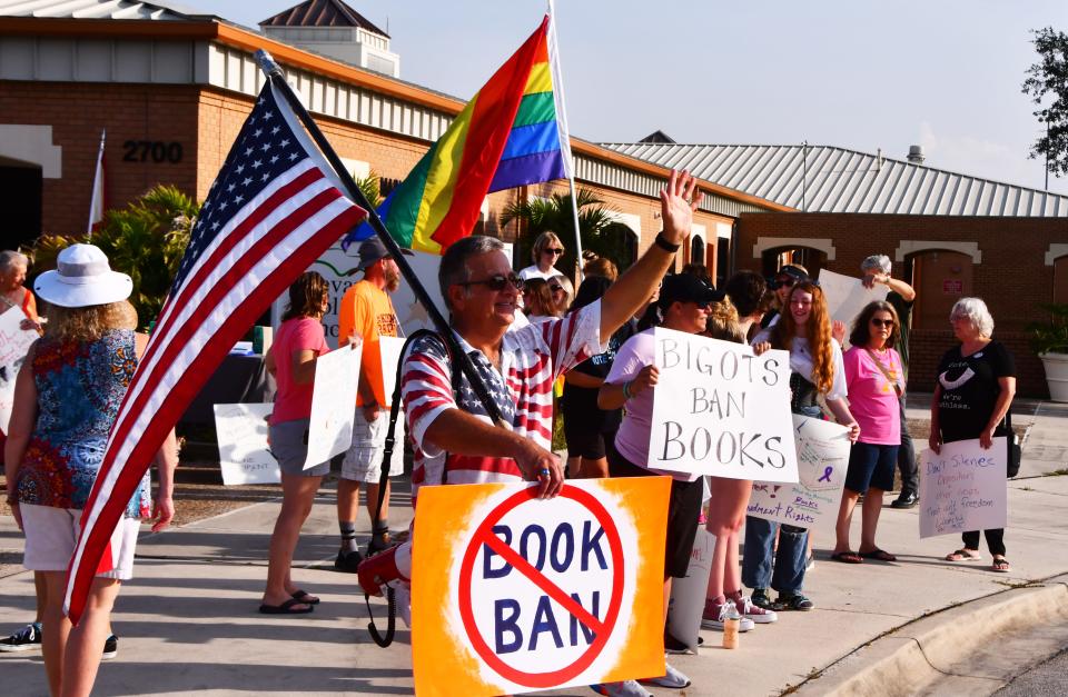 About 75 people showed up outside the Brevard County school board offices in Viera June 30 with Awake Brevard Action Alliance, protesting the banning and removal of books from schools and the cancelation of the book review committee.