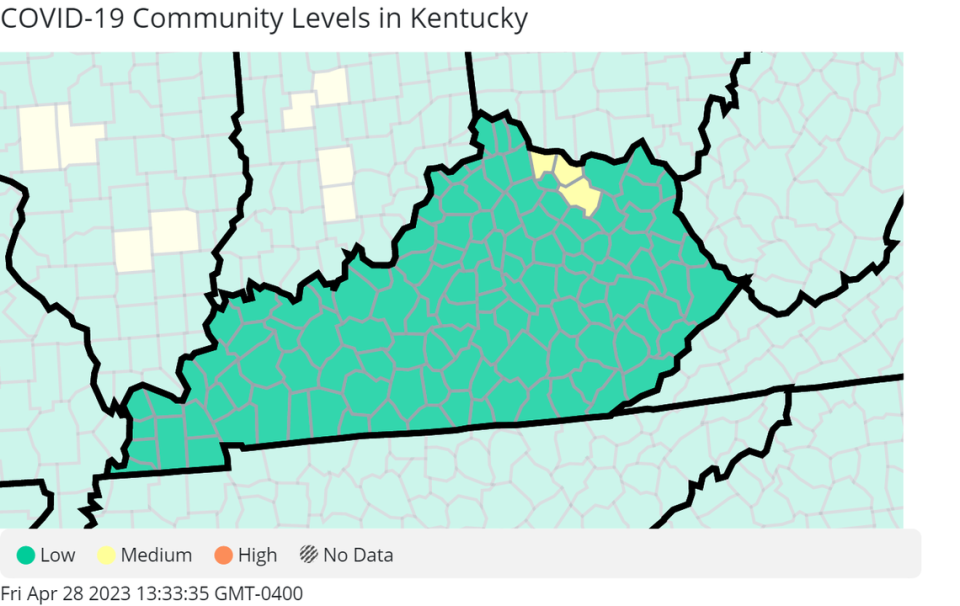 This map displays the COVID-19 community levels from the U.S. Centers for Disease Control and Prevention as of Thursday, April 27, 2023.