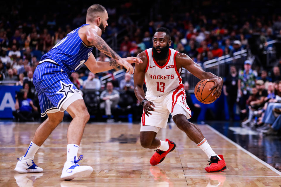 James Harden hit two historical marks on Sunday in the Rockets’ loss to the Magic. One of them, though, he’d like to forget. (Harry Aaron/Getty Images)