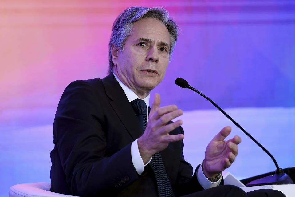 U.S. Secretary of State Antony Blinken speaks during a Quad ministers' panel at the Taj Palace Hotel in New Delhi Friday, March 3, 2023. (Olivier Douliery/Pool Photo via AP)