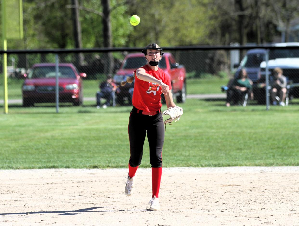 Colon shortstop Macey Burgess fires over to first base for an out on Tuesday.