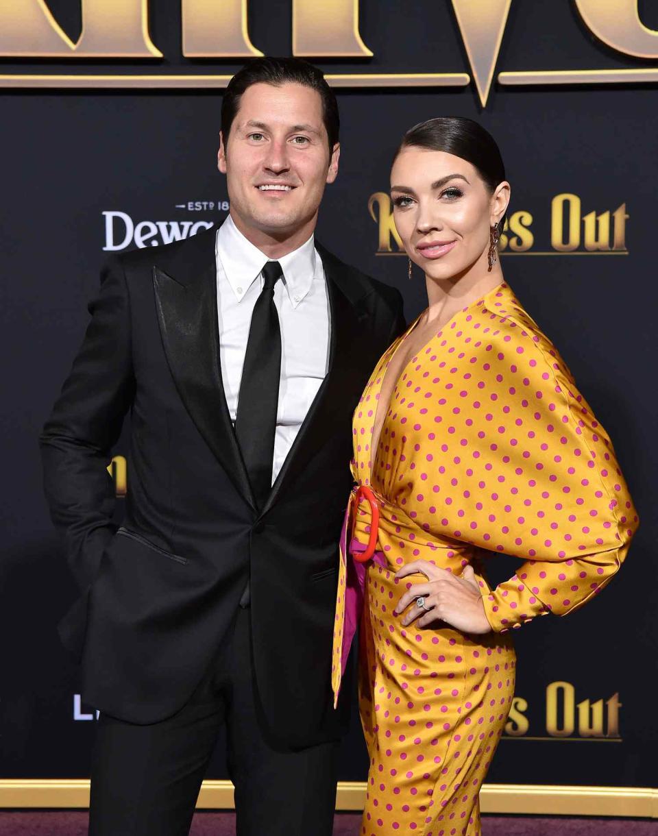 Valentin Chmerkovskiy and Jenna Johnson attend the Premiere of Lionsgate's "Knives Out" at Regency Village Theatre on November 14, 2019 in Westwood, California.