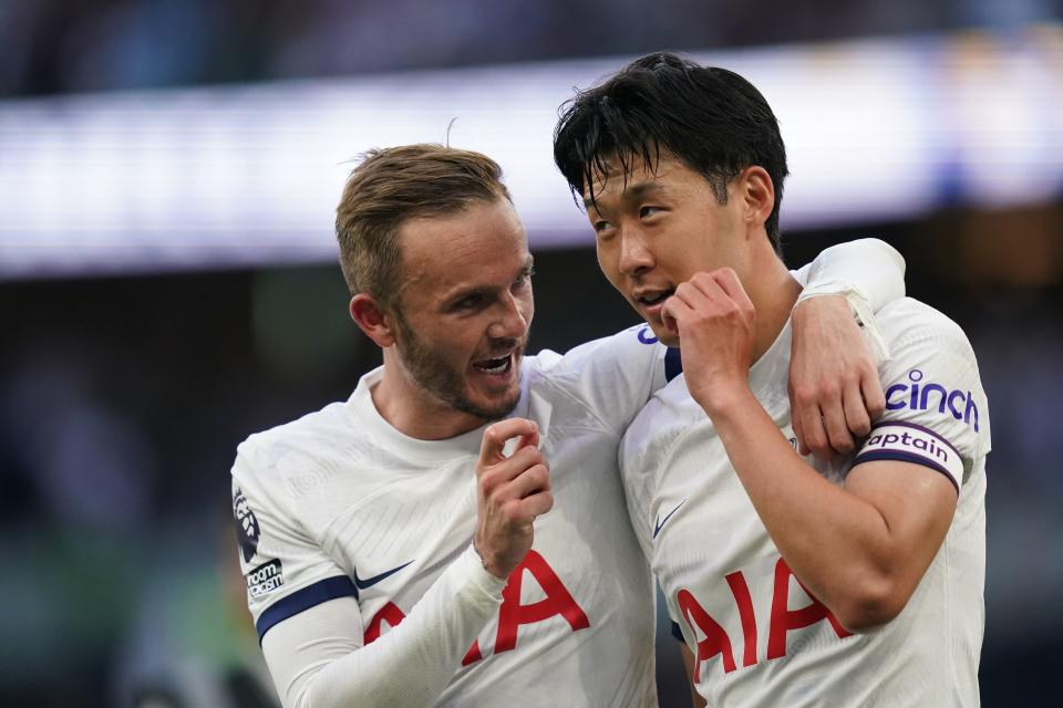 James Maddison and Son Heung-min embrace at full-time (PA)