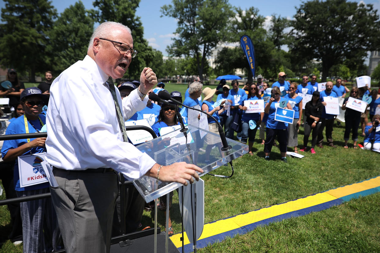 WASHINGTON, DC - JULY 19:  American Federation of State, County and Municipal Employees President Lee Saunders addresses a rally against Trump Administration education funding cuts outside the U.S. Capitol July 19, 2017 in Washington, DC. Democratic members of Congress addressed the rally, which was organized by AFSCME, the AFL-CIO and the American Federation of Teachers.  (Photo by Chip Somodevilla/Getty Images)