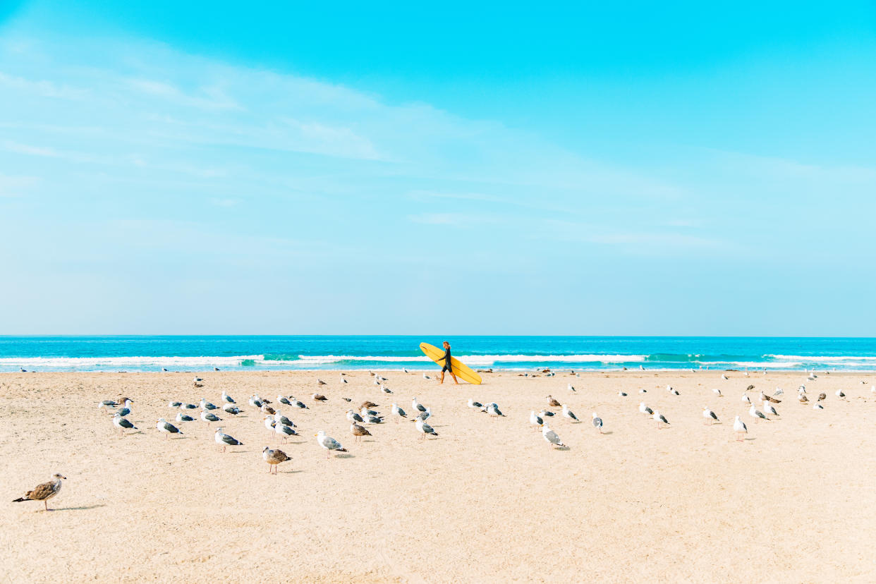  A white man holding a surfboard walks along the beach in Newport Beach, California. 