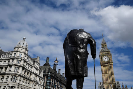 The Elizabeth Tower, which houses the Great Clock and the 'Big Ben' bell, at the Houses of Parliament, is seen behind a statue of former British Prime Minister Winston Churchill, in central London, Britain, August 16, 2017. REUTERS/Toby Melville