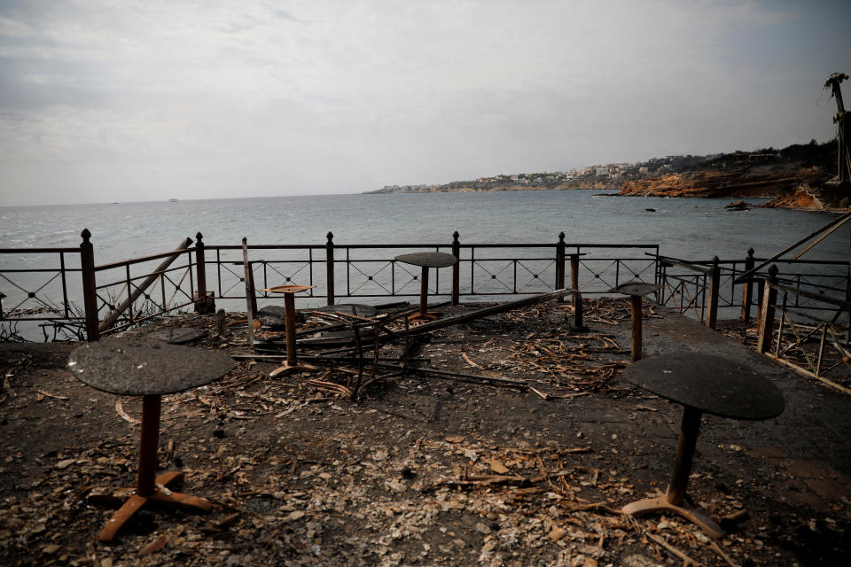 <p>Tables and chairs of a seaside cafe are seen burnt following a wildfire at the village of Mati, near Athens, Greece, July 24, 2018. (Photo: Alkis Konstantinidis/Reuters) </p>