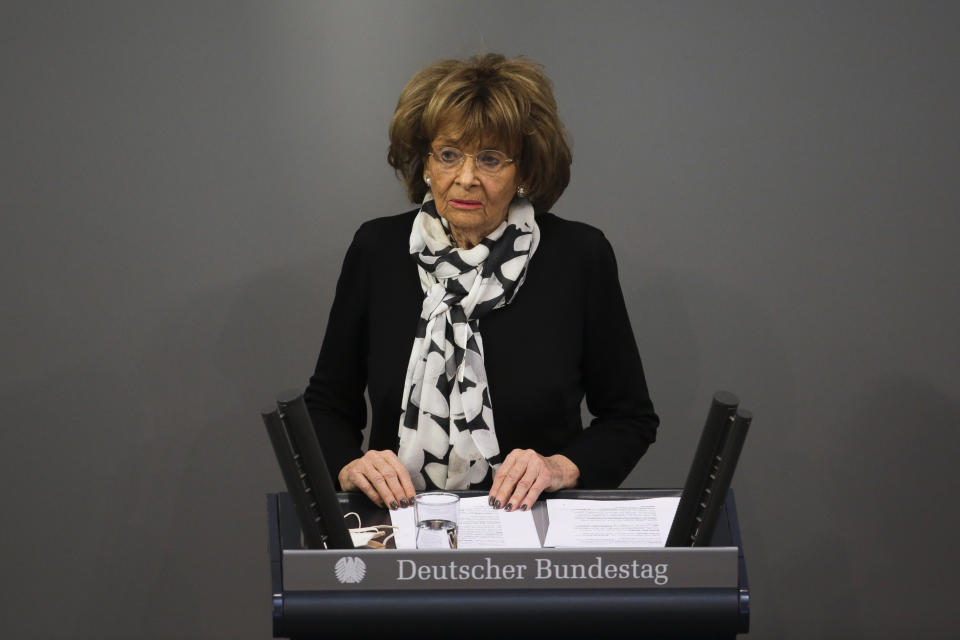 FILE - Holocaust survivor Charlotte Knobloch delivers a speech at the German Federal Parliament, Bundestag, at the Reichstag building in Berlin, Germany, Wednesday,, Jan. 27, 2021 during a special meeting commemorating the victims of the Holocaust on the International Holocaust Remembrance Day. Charlotte Knobloch has teamed up with The Conference on Jewish Material Claims Against Germany, also referred to as the Claims Conference, to share her memories for an interactive, virtual reality experience project to tell the story about the pogroms of the Kristallnacht or 'Night of broken glass'. (AP Photo/Markus Schreiber, File)