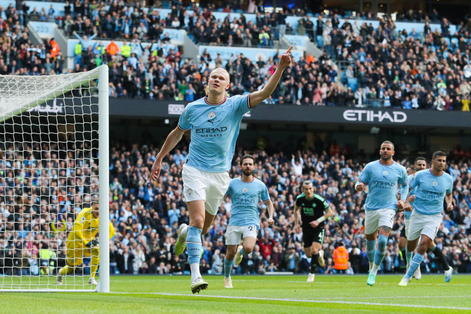 MANCHESTER, ENGLAND - APRIL 15: Erling Haaland of Manchester City celebrates after scoring their side's second goal during the Premier League match between Manchester City and Leicester City at Etihad Stadium on April 15, 2023 in Manchester, England. (Photo by James Gill - Danehouse/Getty Images)