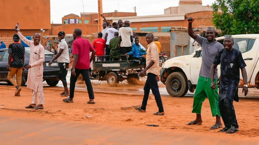 Nigerien men gather for an anti-French protest in Niamey, Niger on Friday. The ECOWAS bloc said it had directed a “standby force” to restore constitutional order in Niger after its deadline to reinstate ousted President Mohamed Bazoum expired. (Photo: Sam Mednick/AP)