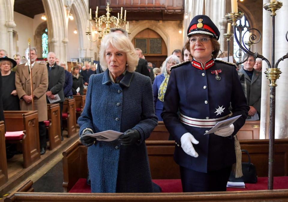 Camilla, Duchess of Cornwall and Lord-Lieutenant of Wilshire, Mrs Sarah Troughton attend a church service during a visit to Wiltshire on December 02, 2021 (Getty Images)