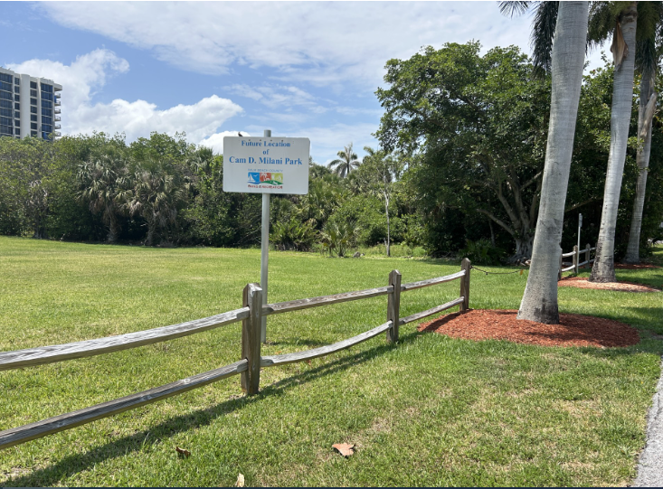 Future home of Milani Park sign announces the county will soon be building a park on the site, much to the dismay of Highland Beach officials who fear the park will aggravate an already difficult traffic-congestion problem.