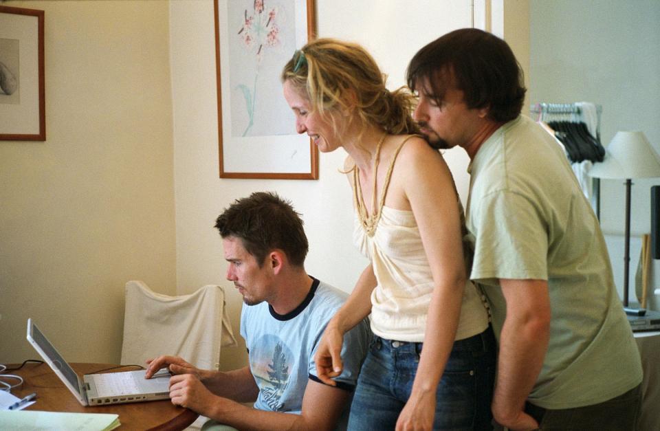 Ethan Hawke, left, Julie Delpy and director Richard Linklater behind the scenes of 2004 drama "Before Sunset."