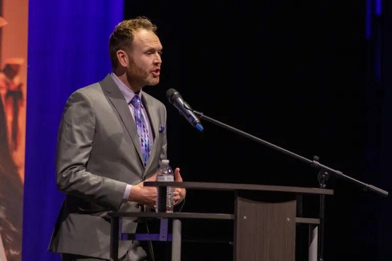 Jacob Aaron Waggoner, a candidate for EPISD’s District 3 Trustee seat, speaks during a forum at Austin High School on April 2, 2024. He says that he would like to move the district away from a culture of “we’ve always done it like this” and use strategies that address current changes and future growth.