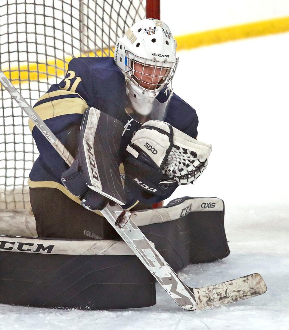 Bishops goalie Kathryn McLeish makes a stick save.
Hingham girls hockey hosted Archbishop Williams at Pilgrim Arena on Wednesday Jan. 10, 2024