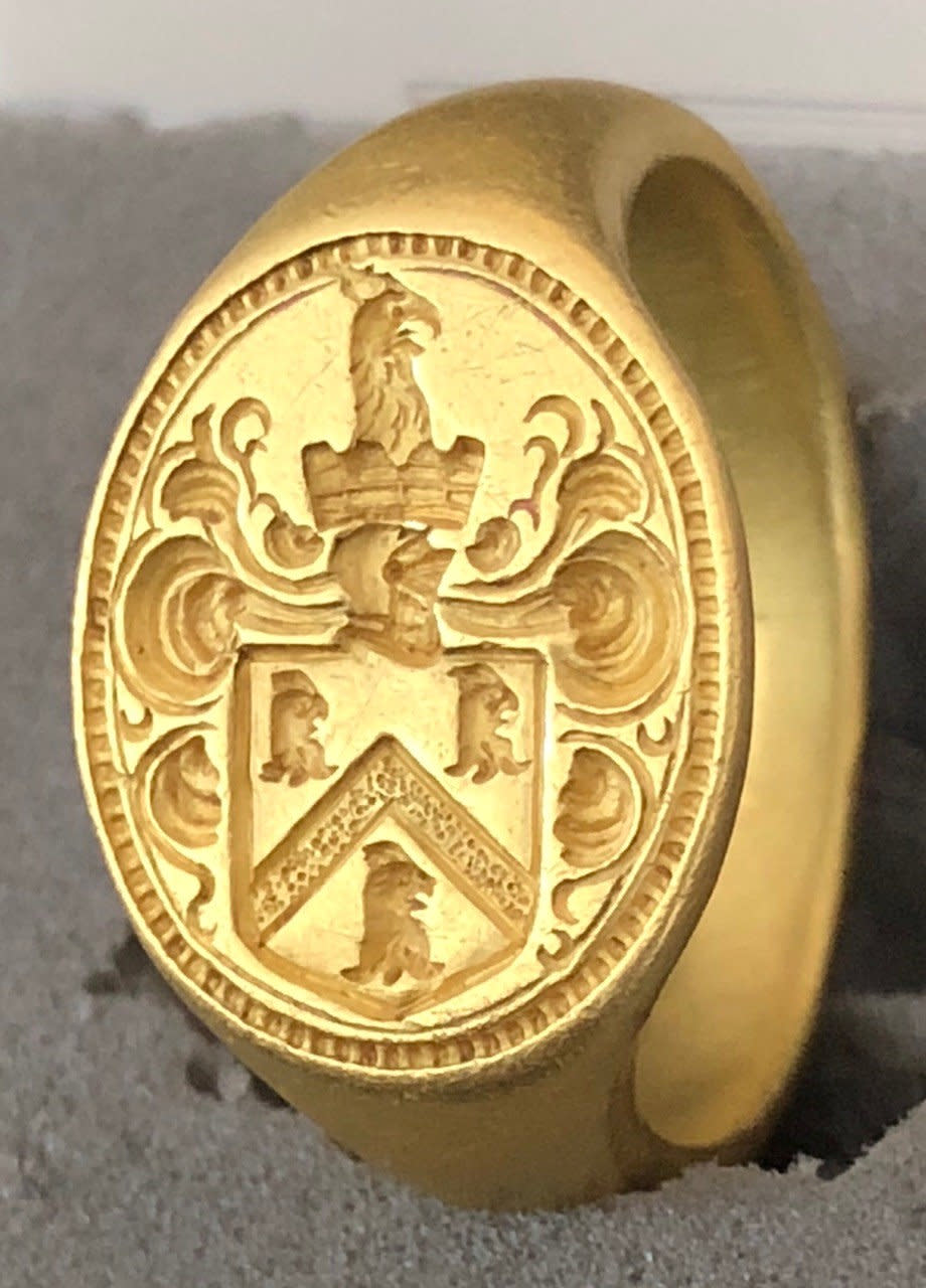 The gold seal ring found by amateur metal detector Paul Wood, 64, in in August 2016. (SWNS)