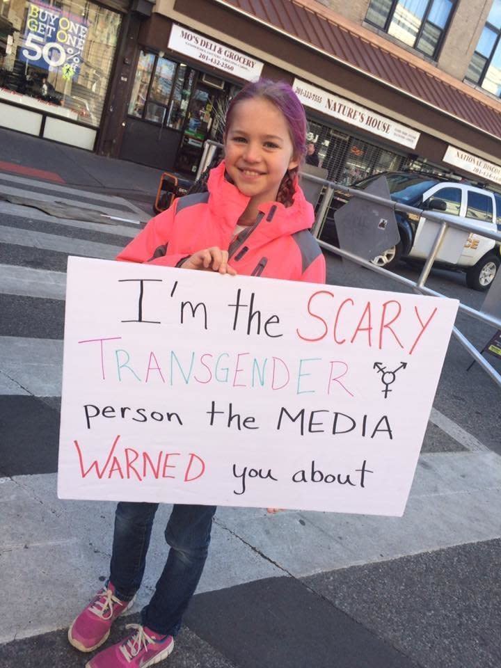 In February, this image of Rebekah holding this sign at a trans rights rally <a href="http://www.huffingtonpost.com/entry/trans-girls-sign_us_58b5a151e4b0780bac2d8b72">went viral</a>. (Photo: Jamie Bruesehoff)