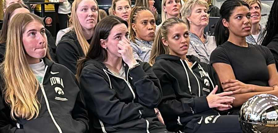 The Hawkeyes await the announcement of their seeding, opponent and regional at a watch party on Sunday, March 17, 2024. (Blake Hornstein, HawkeyeHQ.com)