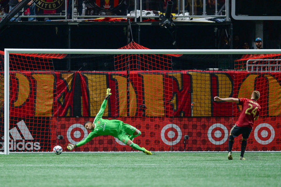 ATLANTA, GA  OCTOBER 26:  Columbus goalkeeper Zack Steffen blocks the penalty kick of Atlanta's Julia Gressel (24) during the playoff match between Atlanta United and Columbus Crew on October 26, 2017 at Mercedes-Benz Stadium in Atlanta, GA.  Columbus Crew SC defeated Atlanta United FC 3  1 on penalty kicks following a scoreless draw between the two clubs.  (Photo by Rich von Biberstein/Icon Sportswire via Getty Images)